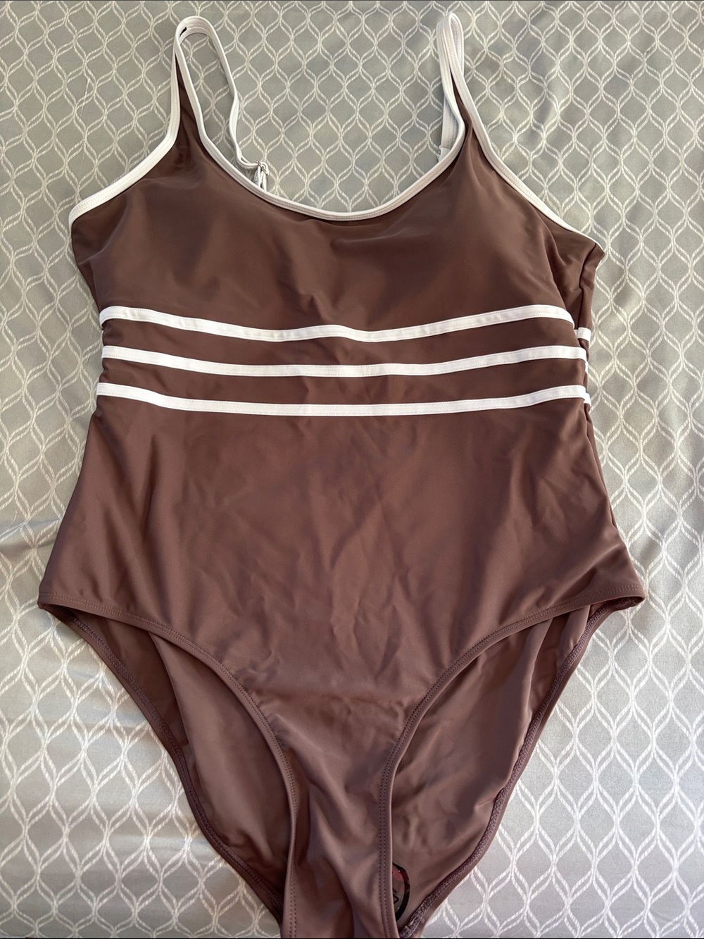 Women's Brown One-Piece Swimsuit with White Trim xl
